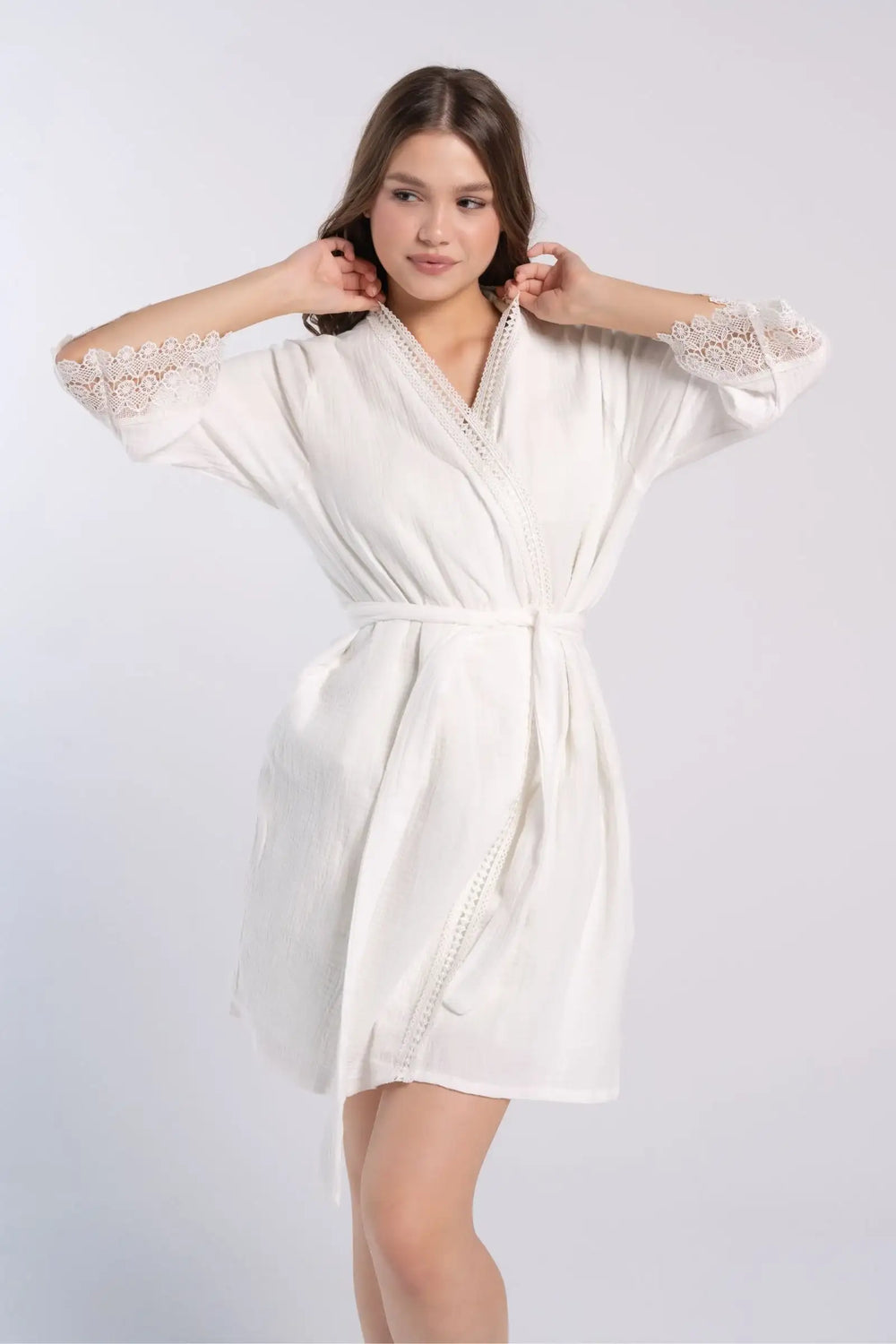 Lace Trim Cotton Pyjama Robe - Carina Home